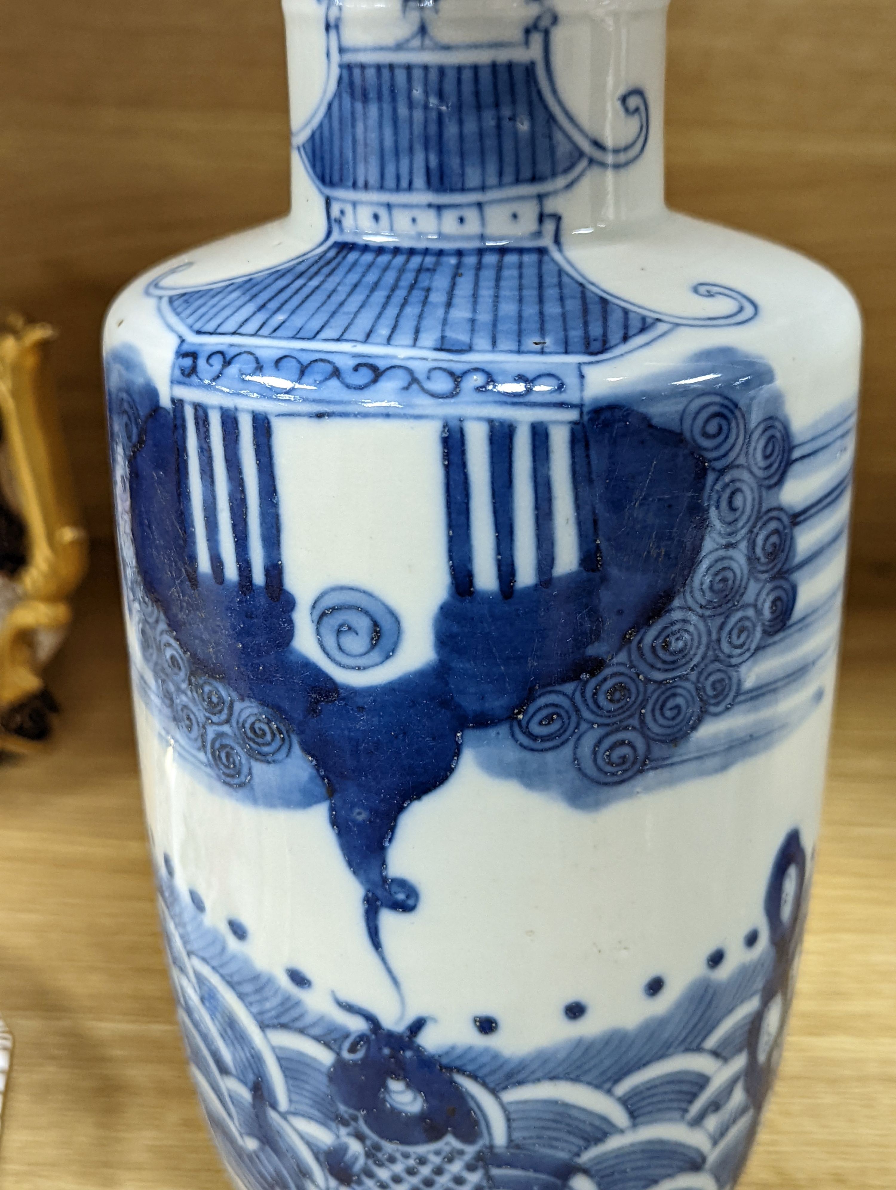 A Chinese blue and white rouleau vase, 25cm